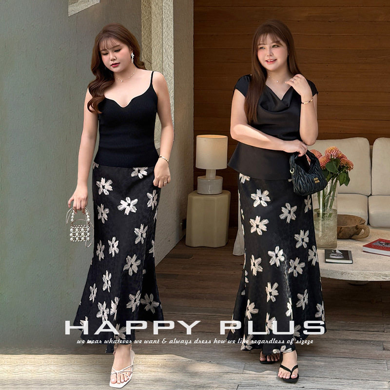 happyhut加肥加大码女装200斤胖mm鱼尾半身裙斜裁鱼尾缎面半身裙