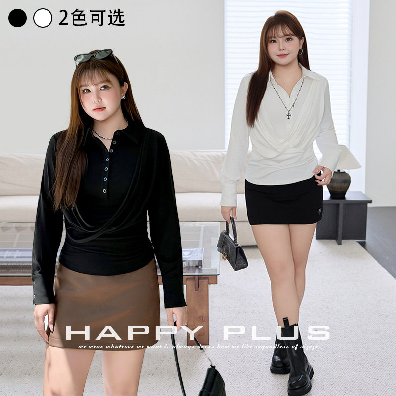 Happyhut加肥加大码女装200斤胖mm荡领假两件长袖针织假两件衬衫