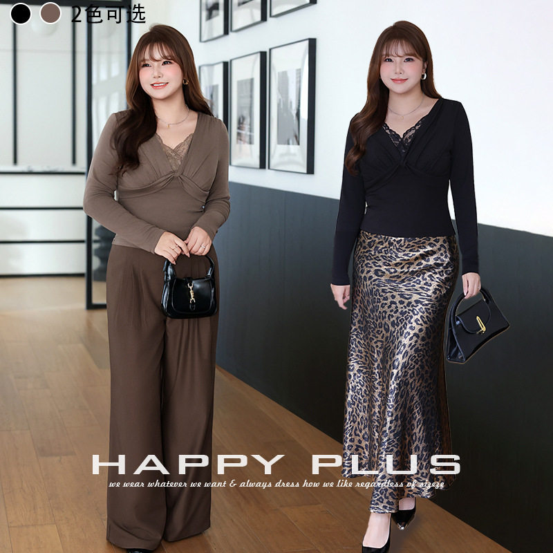 happyhut加肥加大码女装200斤胖mm蕾丝假两件针织上衣仿羊绒打底