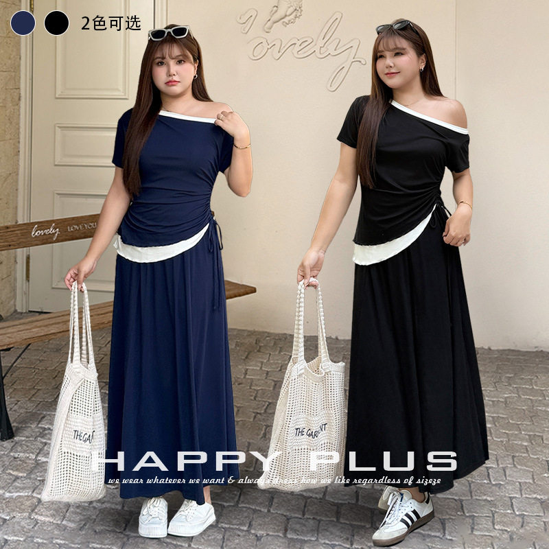 happyhut加肥加大码女装200斤胖mm法式收腰短袖莱赛尔上衣半身裙