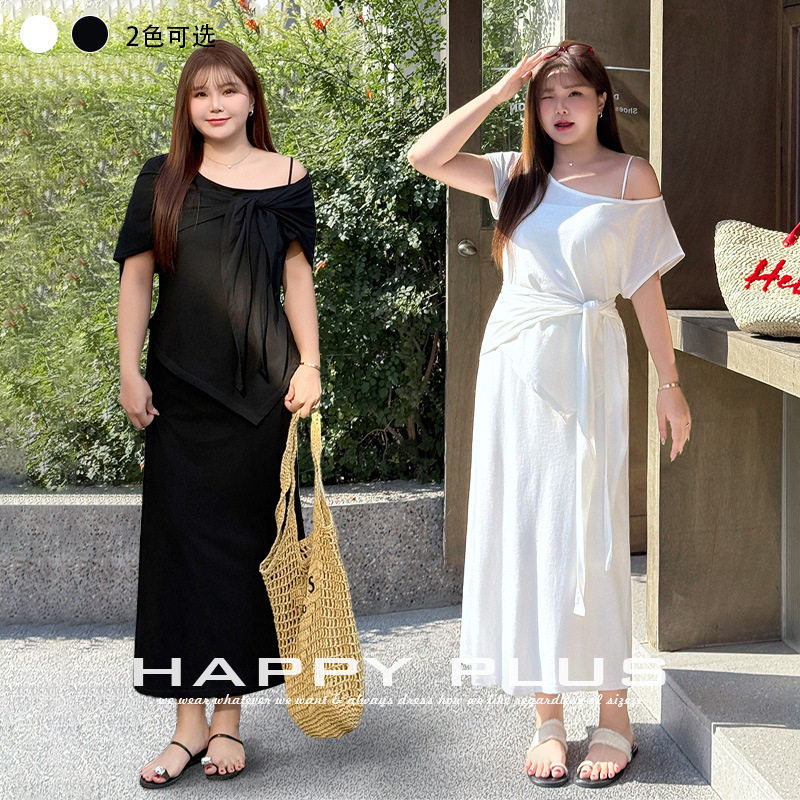happyhut加肥加大码女装200斤胖mm斜肩上衣配披肩针织半身裙套装