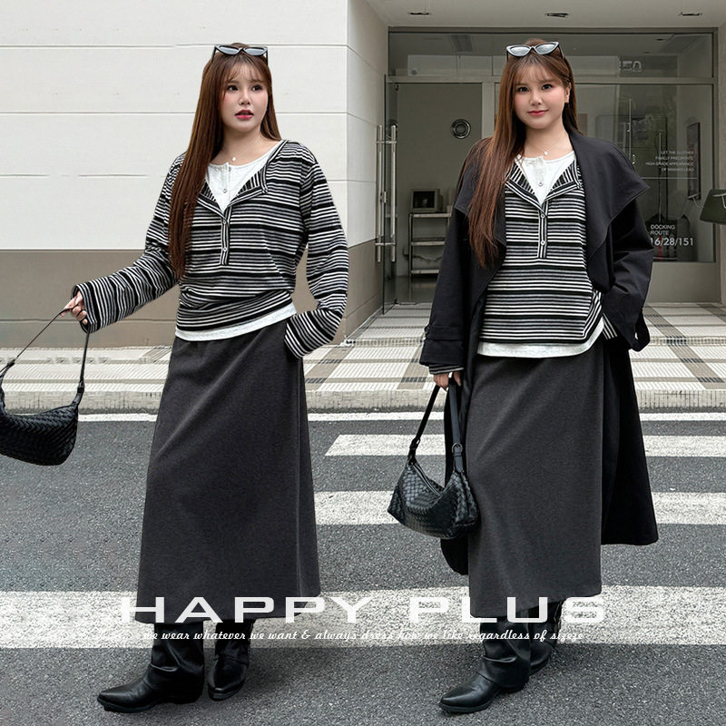 happyhut加肥加大码女装200斤胖mm复古宽松条纹卫衣风衣半裙套装