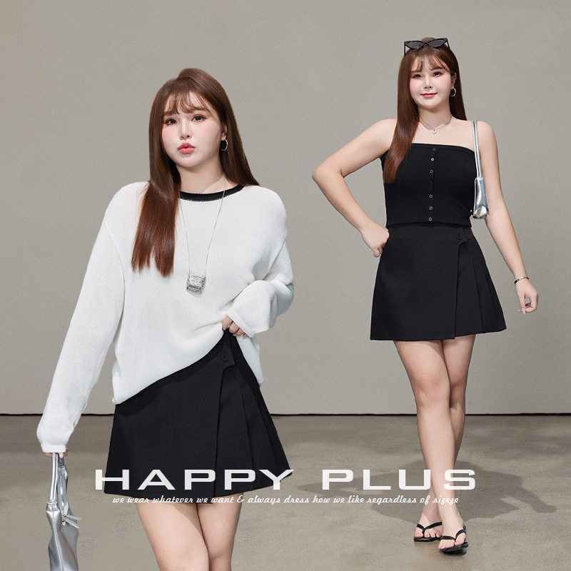 happyhut加肥加大码女装200斤胖mm小蛮腰不对称压褶A字短裙半身裙