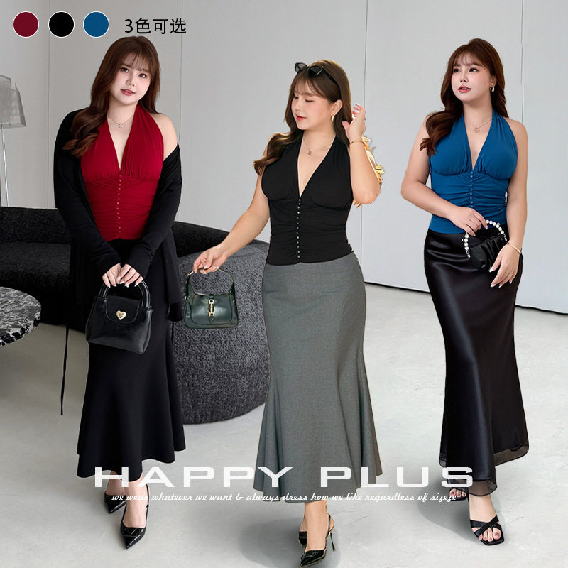 happyhut加肥加大码女装200斤胖mm挂脖露背V领音乐节网纱吊带背心