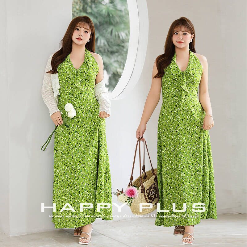 加肥加大码女装200斤胖mm夏柔美田园浪漫碎花裙V领挂脖a字连衣裙