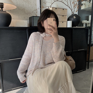 加肥加大200斤大码女装胖mm春季毛衣设计感花朵飘带V领套头针织衫