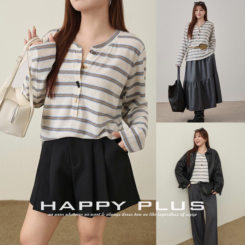 happyhut加肥加大码女装200斤胖mm上衣宽松条纹针织长袖卫衣T恤衫