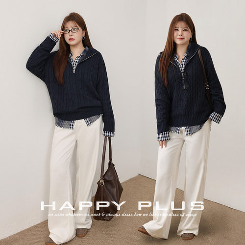 happyhut加肥加大码女装200斤胖mm秋通勤针织半拉链立领毛衣套装