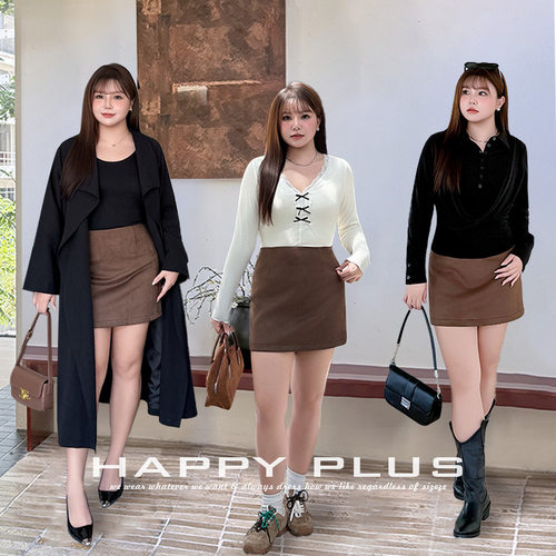 happyhut加肥加大码女装200斤胖mm秋绒感高腰微A摆半身短裙麂皮裙