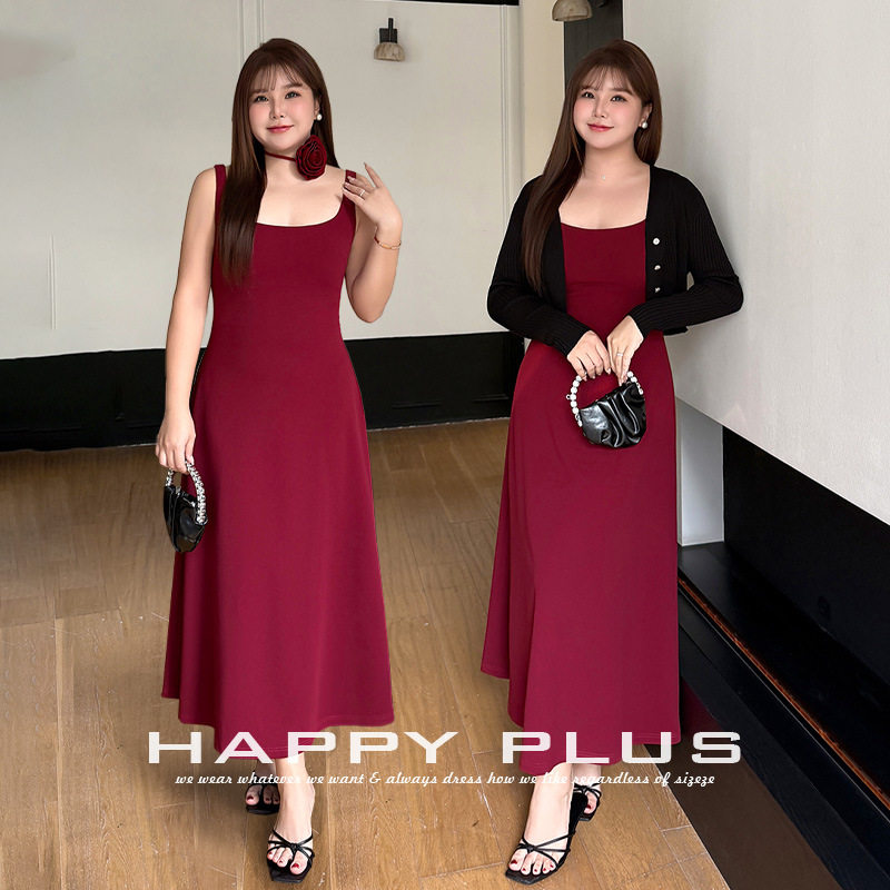 happyhut加肥加大码女装200斤胖mm方领a摆弹力红色吊带连衣长裙
