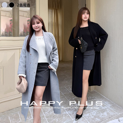 happyhut加肥加大码女装200斤胖mm冬羊毛双面呢翻领大衣半裙套装