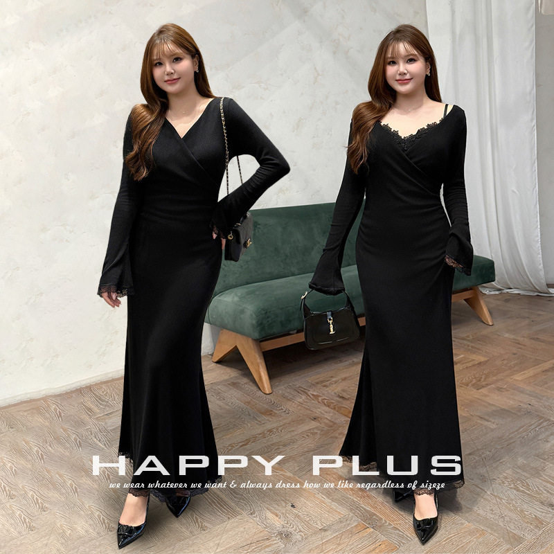 happyhut加肥加大码女装200斤胖mm法式一字肩收腰V领鱼尾连衣长裙