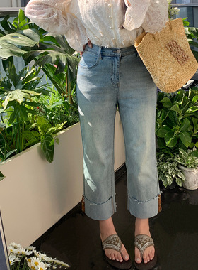 加肥加大200斤大码女装胖mm春夏装饰扣翻边直筒裤牛仔裤子女YC387