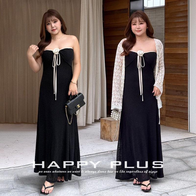 happyhut加肥加大码女装200斤胖mm裹胸小黑裙飘带挂脖针织连衣裙