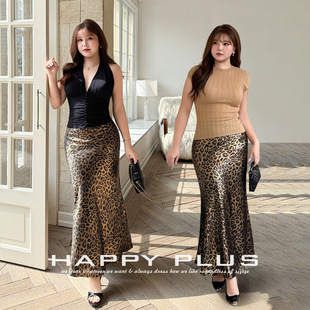 润其大码光泽豹纹长款显瘦鱼尾半身裙9308野性春装新款斜裁长裙