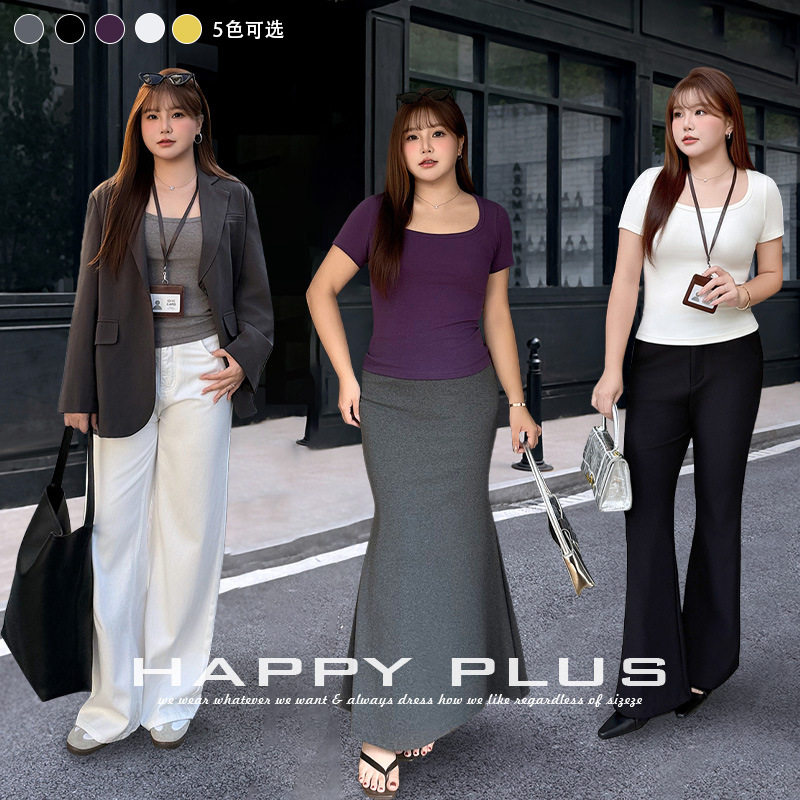 happyhut加肥加大码女装200斤胖mm大方领弹力修身短袖T恤衫上衣