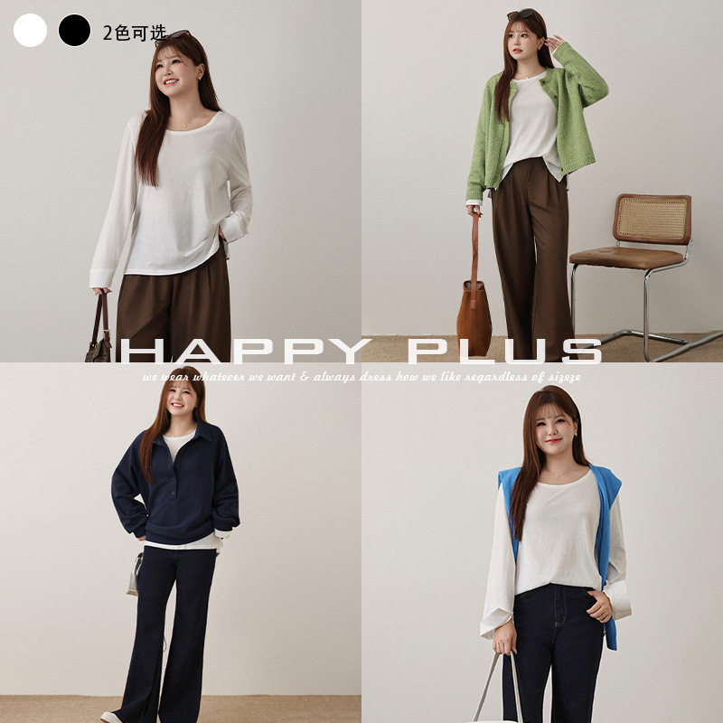 happyhut加肥加大码女装200斤胖mm秋内搭衬衫正肩长袖T恤衫卫衣
