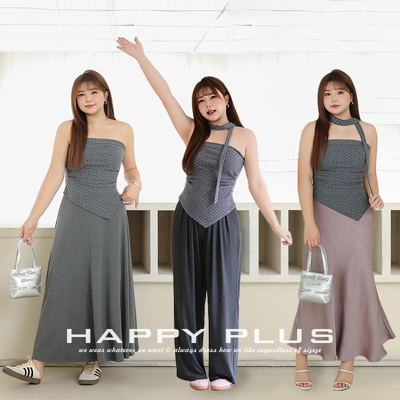 happyhut加肥加大码女装200斤胖mm夏收腰抹胸上衣不规则下摆吊带