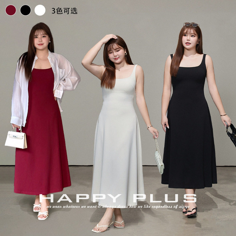 happyhut加肥加大码女装200斤胖mm方领收腰a摆修身弹力吊带连衣裙