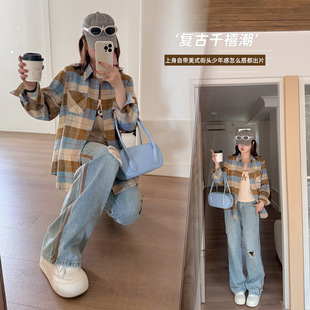 加肥加大码女装200斤胖mm秋复古格子衬衣吊带套装破洞裤子三件套