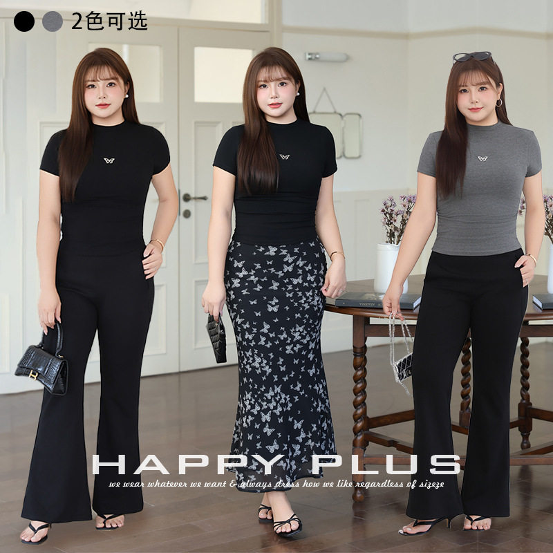 Happyhut加肥加大码女装200斤胖mm秋新款中领收腰抽褶短袖T恤正肩