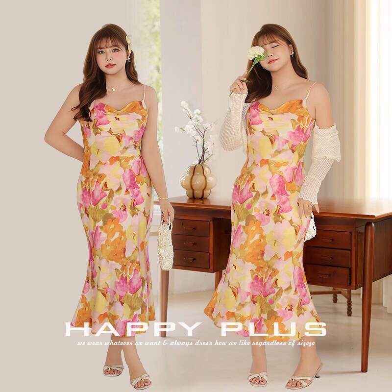 happyhut加肥加大码女装200斤胖mm夏吊带裙斜裁荡领郁金香连衣裙