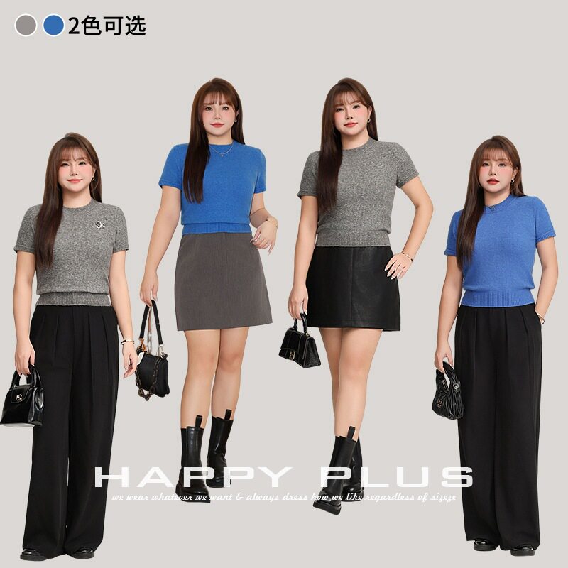 加肥加大大码女装胖mm200斤女装法式通勤圆领通勤短袖针织衫上衣
