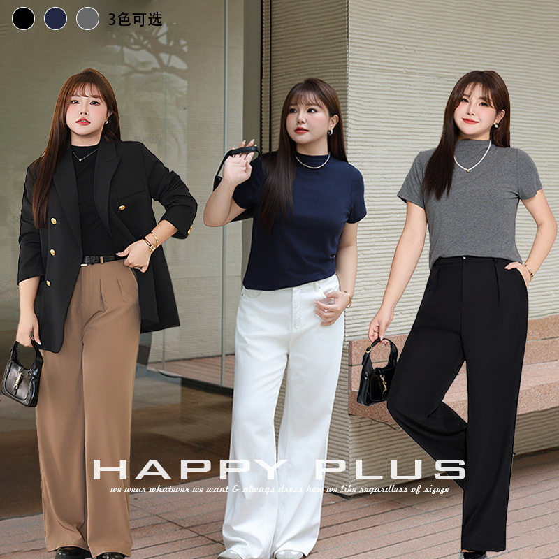 Happyhut加肥加大码女装200斤胖mm半高领上衣复古正肩短袖T恤内搭