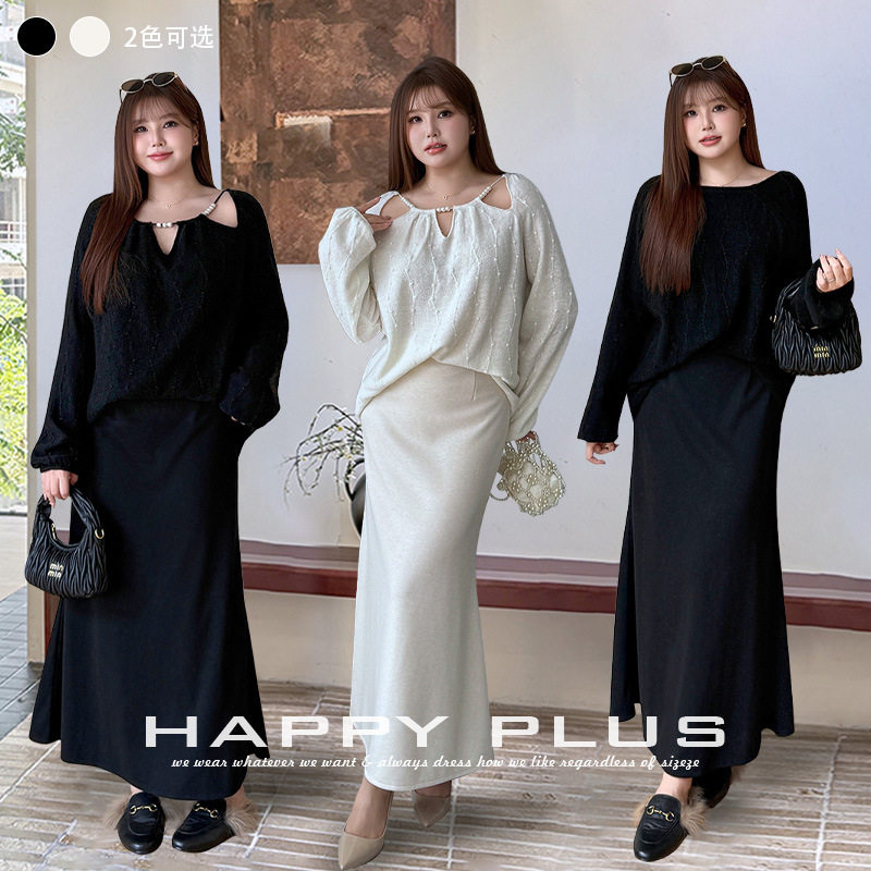 happyhut加肥加大码女装200斤胖mm秋冬新款精致套装上衣半裙套装