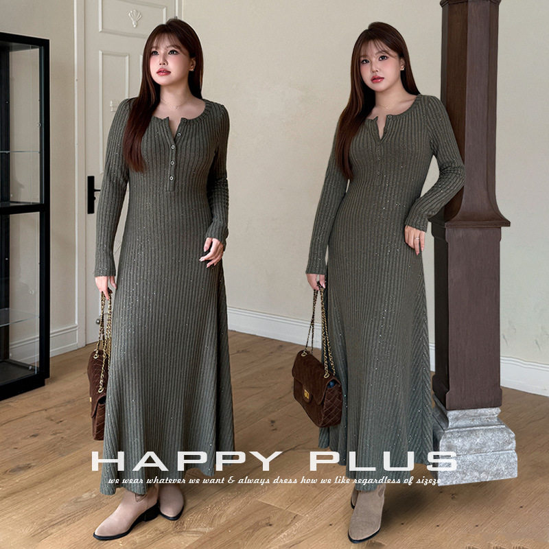 happyhut加肥加大码女装200斤胖mm秋法式辣妹收腰大摆针织连衣裙