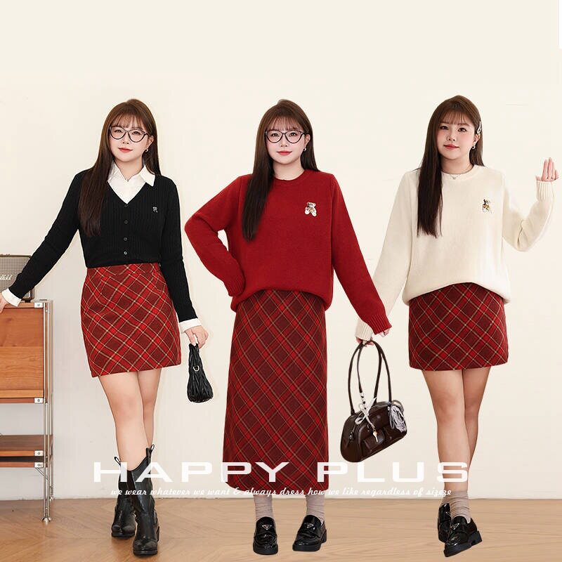 happyhut加肥加大码女装200斤胖mm毛呢格纹a字AB款红格子半身短裙
