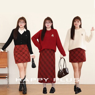 happyhut加肥加大码女装200斤胖mm毛呢格纹a字AB款红格子半身短裙