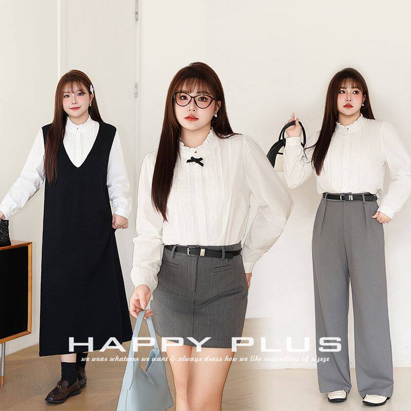 happyhut加肥加大码女装200斤胖mm甜美木耳边立领法式两穿白衬衫