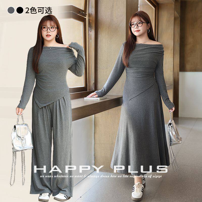 happyhut加肥加大码女装200斤胖mm秋长袖上衣半身裙拖地长裤套装