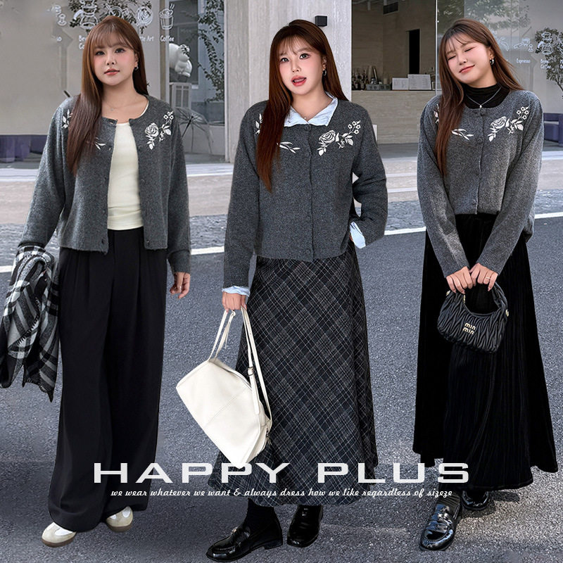 happyhut加肥加大码女装200斤胖mm秋灰外套开衫刺绣宽松毛衣开衫