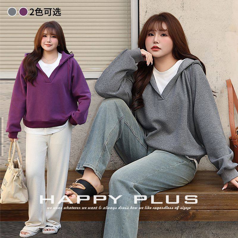 happyhut加肥加大码女装200斤胖mm冬季加绒假两件插肩袖宽松卫衣