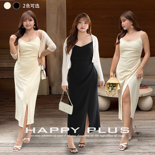 happyhut加肥加大码 200斤胖mmV领开衩吊带生日裙连衣裙小黑裙 女装