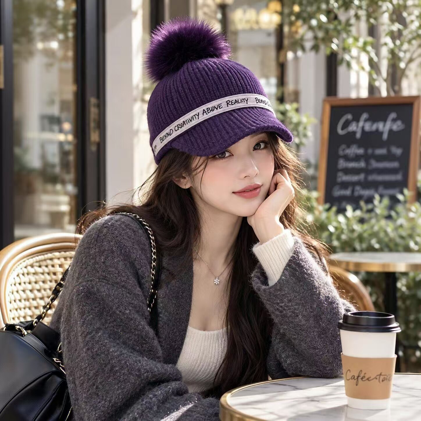 秋冬保暖针织毛球棒球帽鸭舌帽女