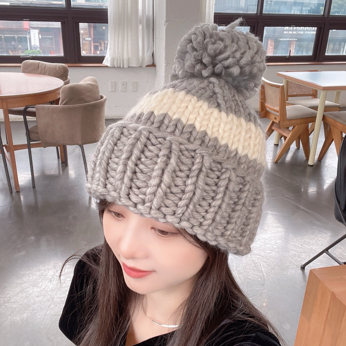 韩国正品代购凤毛球针织帽保暖加厚毛线帽子冬春新款女提花防寒帽