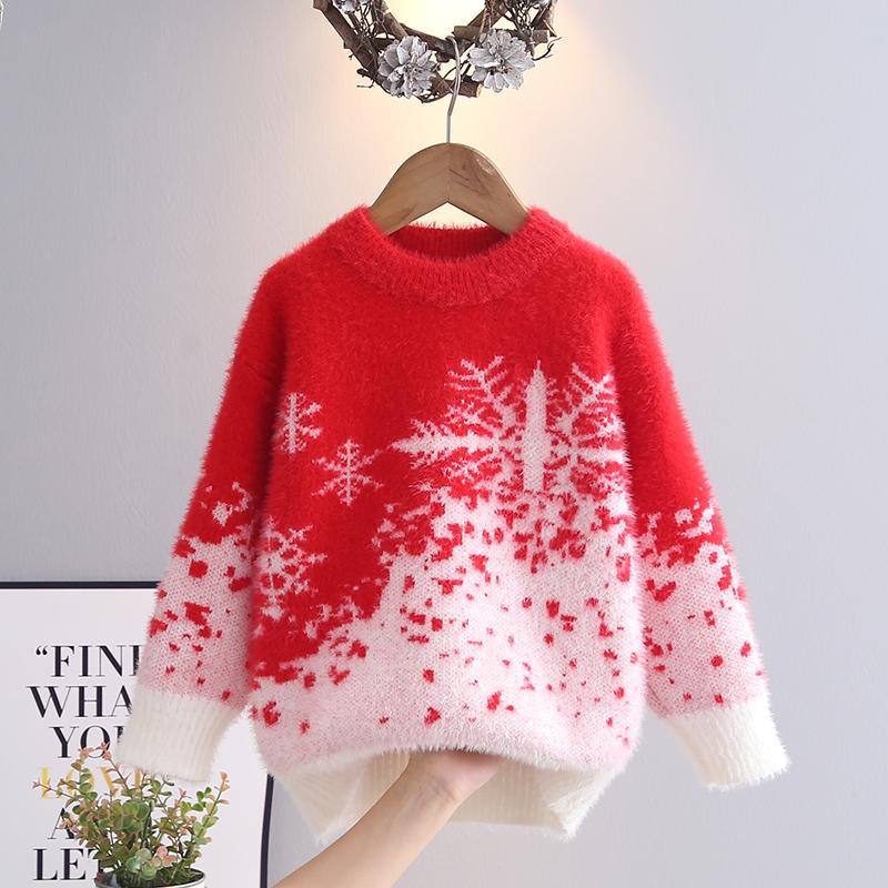 女童毛衣秋冬季2025新款水貂绒保暖打底针织衫中大童加绒红色衣服