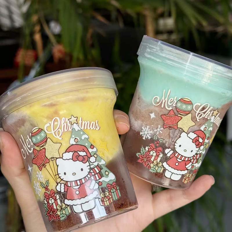 圣诞HelloKitty星星气球水晶贴纸甜品杯酸奶烧仙草杯高透明包装盒
