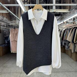 天丝衬衫马甲女俩件套25年新款宽松廓形慵懒风不规则马夹上衣衬衫