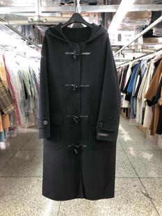 气质复古韩国东大门连帽牛角扣双面羊绒大衣女中长款毛呢外套时髦