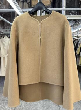 斗篷双面羊毛大衣女短款秋冬季新款韩版宽松圆领气质 A型毛呢外套