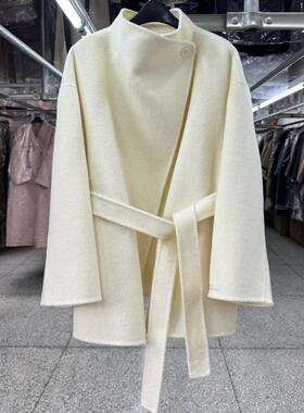 白色立领双面羊毛大衣女短款小个子秋冬新款宽松系带简约毛呢外套