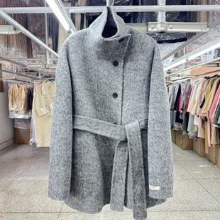 立领双面羊毛大衣女短款小个子25新款宽松 a型系带单排扣毛呢外套