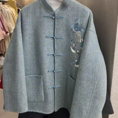 E MADELEINE-中式国风重工植物亮片立领盘扣羊毛外套（含10兔绒）