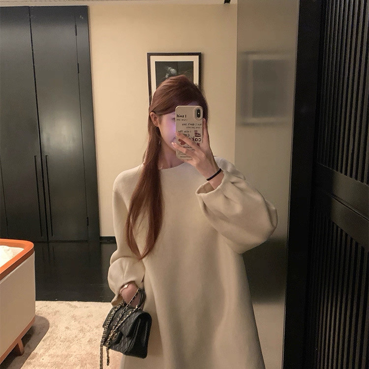 2025秋冬新款双面羊绒中长款圆领套头连衣裙羊毛大衣羊毛外套女