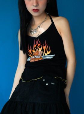 BLUE自制 90s复古黑色系脖吊带 Y2K 火焰印花弹力紧身短上衣夏季