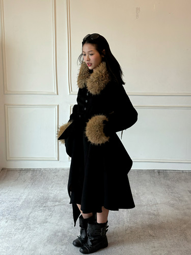 Blue原创新款 不规则下摆系带风衣长外套 羊毛呢小立领可拆卸毛边